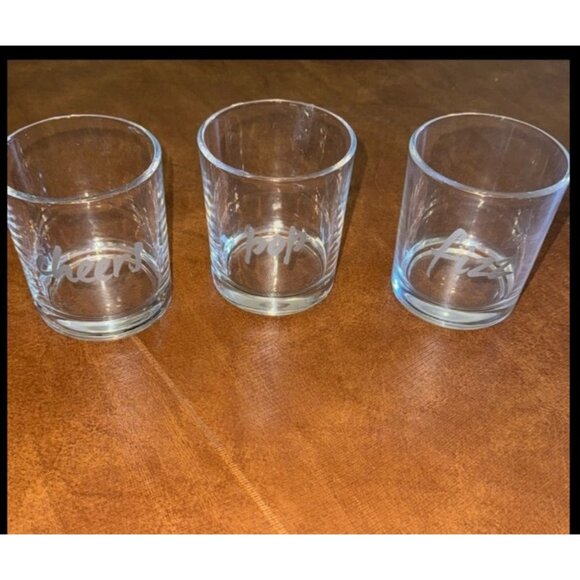 Other - Etched Glass Tumblers Set Of 3 With Cheers Pop Fizz Design